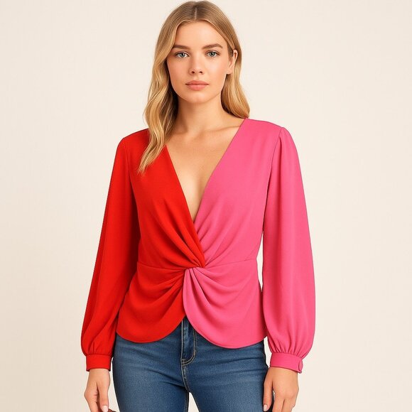 ASOS Colorblock Knot Front Blouse – Bold Red & Pink Statement Top Sz 10 - Picture 1 of 12